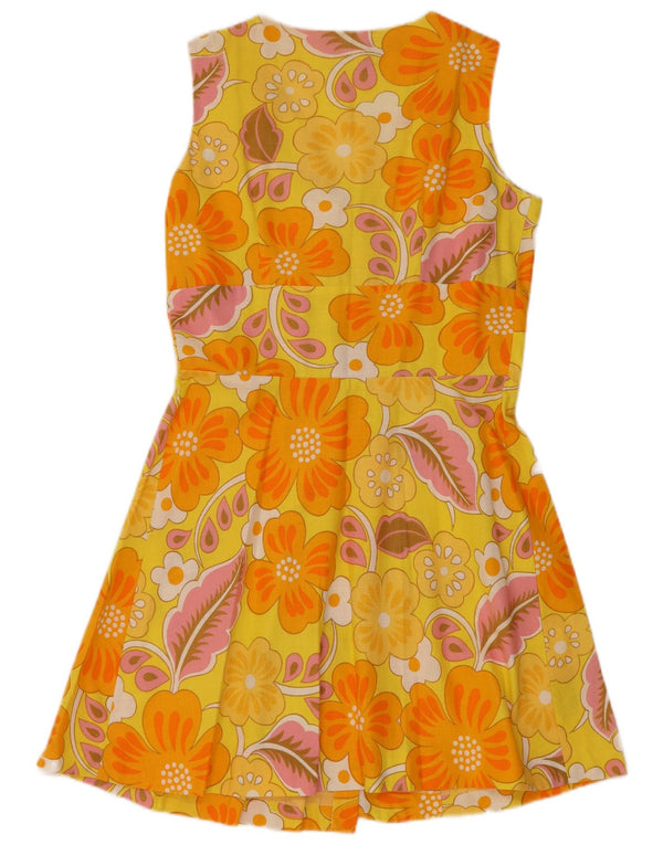 Vintage Damen Ärmelloses A-Linien-Kleid UK 12 Mittelgelb geblümt