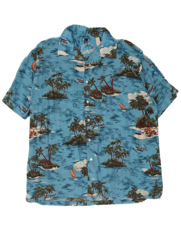 Vintage Herren Kurzarm Hawaiihemd XL Blau Baumwolle