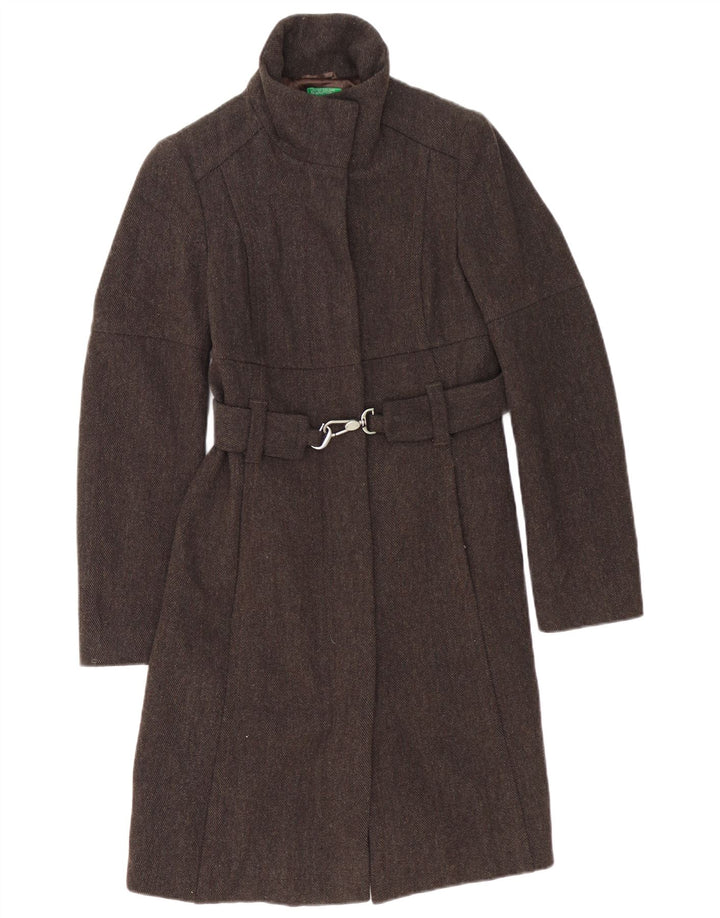 Benetton Damen Mantel IT 42 Mittelbraune Wolle mit Fischgrätenmuster