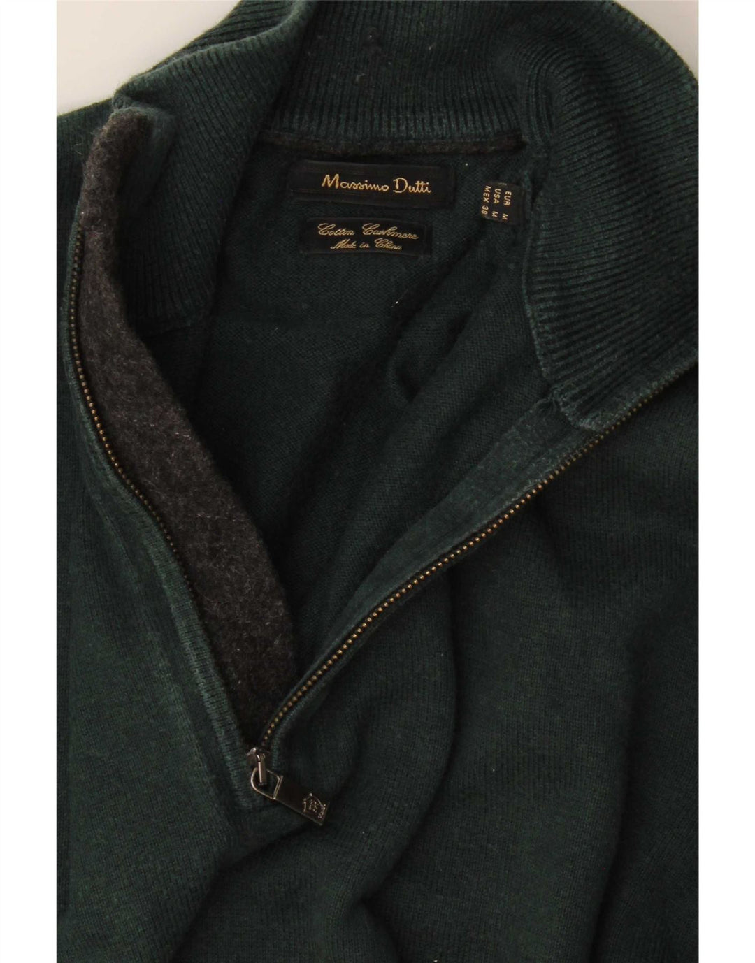 Massimo Dutti Herren-Pullover mit Reißverschluss am Hals, mittelgrüne Baumwolle