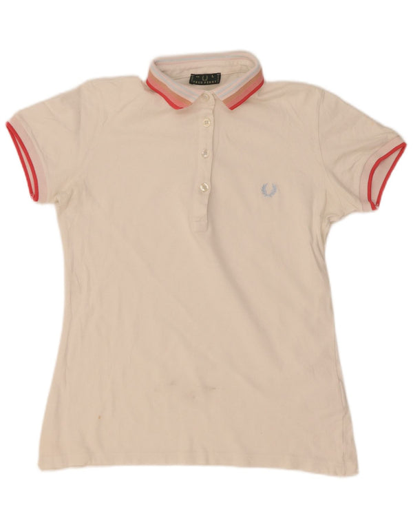Fred Perry Damen Poloshirt UK 14 Große weiß gestreifte Baumwolle