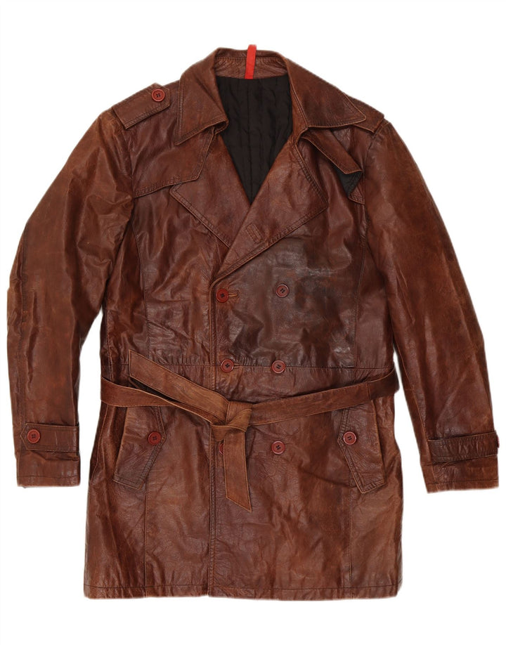 VINTAGE Herren Zweireihiger Militärledermantel IT 50 Large Braun