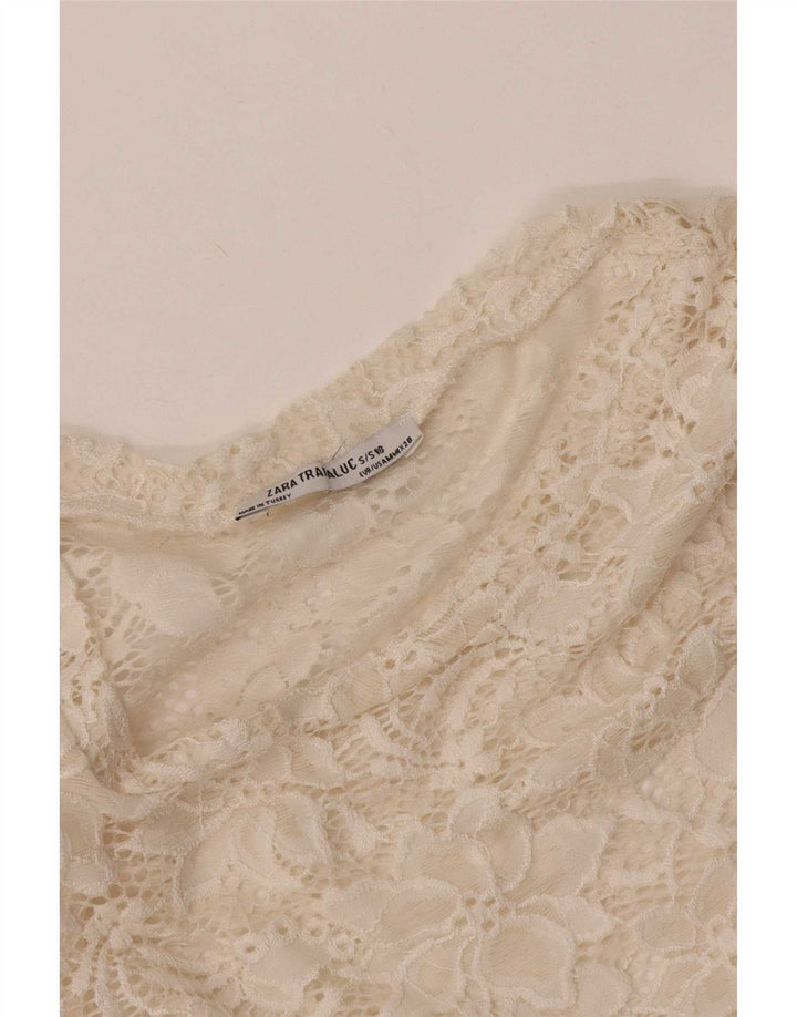 Zara Damen Crop See Through Bluse Top UK 12 Medium Off White Floral