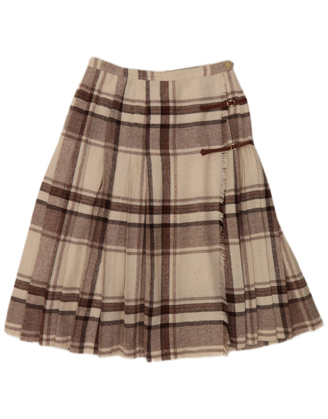 Vintage Damen Kilted Wickelrock W28 Mittelbraun kariert
