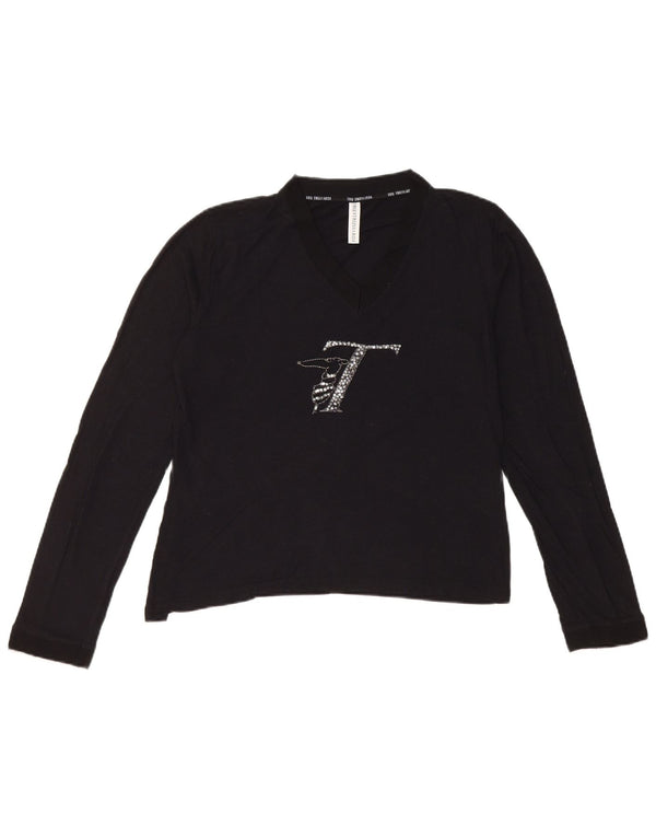 Trussardi Damen Crop Graphic Top Langarm UK 14 Large Schwarze Viskose
