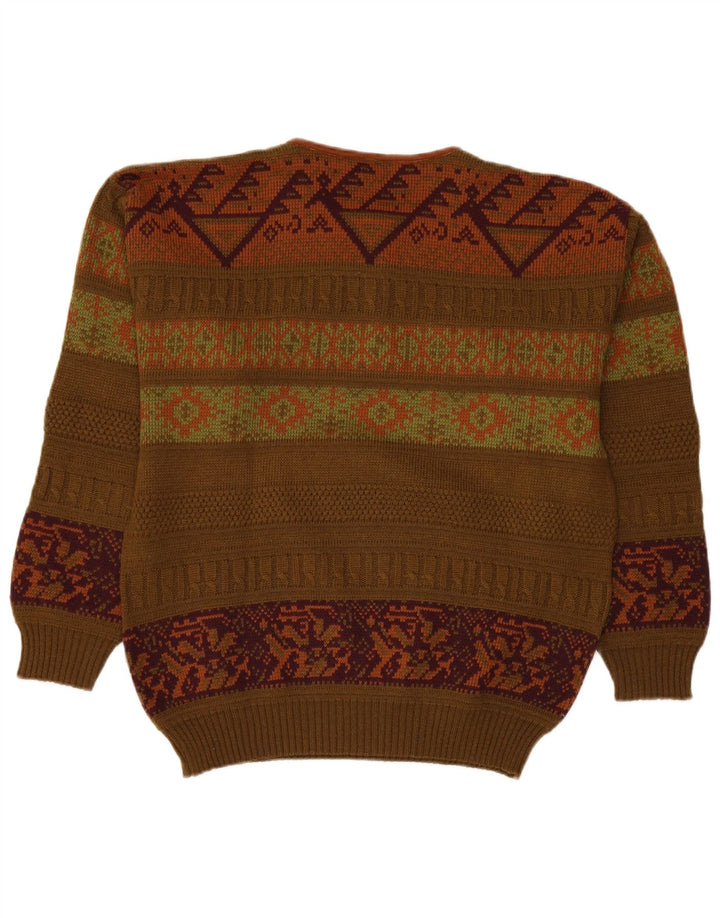 Vintage Herren-Pullover mit Knopfkragen, EU 50, mittleres Khaki, Fair Isle