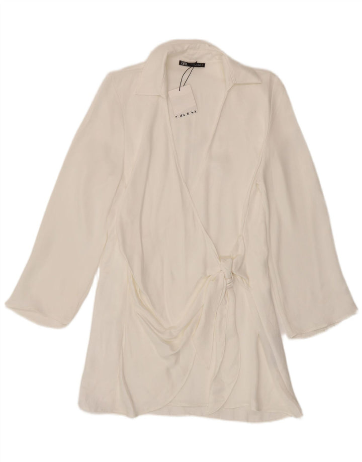 Zara Damen Langarm-Wickelkleid UK 12 Mittelweiße Viskose