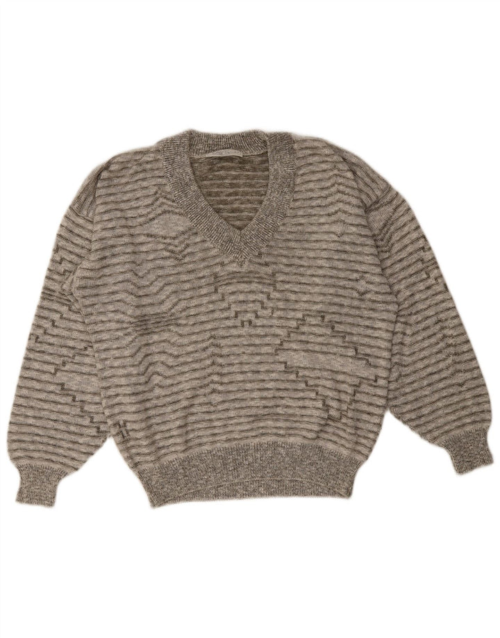 Vintage Herren V-Ausschnitt Pullover Pullover Mittelgrau gestreift