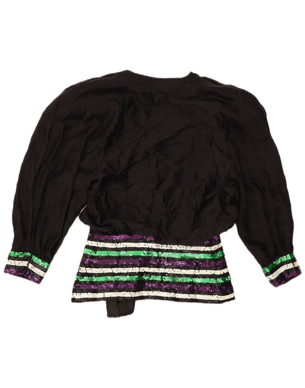 Vintage Damen 3/4 Ärmel Bluse Top IT 44 Mittelschwarze Blumenseide