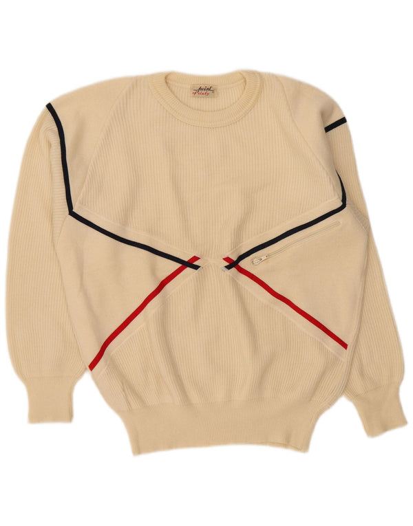 Vintage Damen Rundhalspullover Pullover UK 20 2XL Off White Gestreifte Wolle