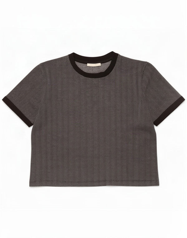 Zara Damen Crop T-Shirt Top UK 16 Large Grau Herringbone