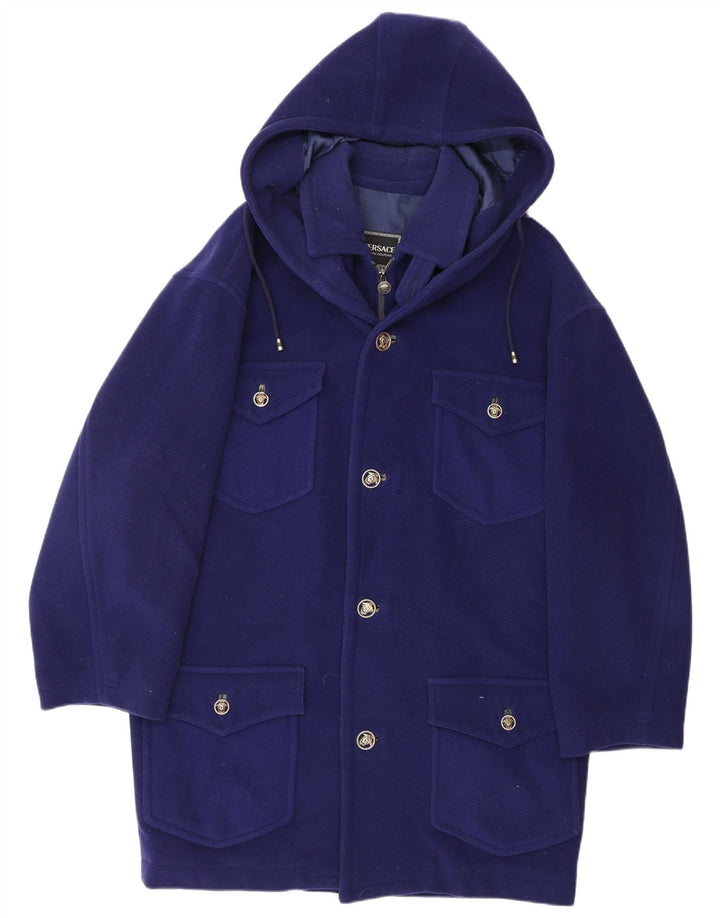 VERSACE Herren-Dufflecoat mit Kapuze UK 38 Mittelblauer Wolldesigner