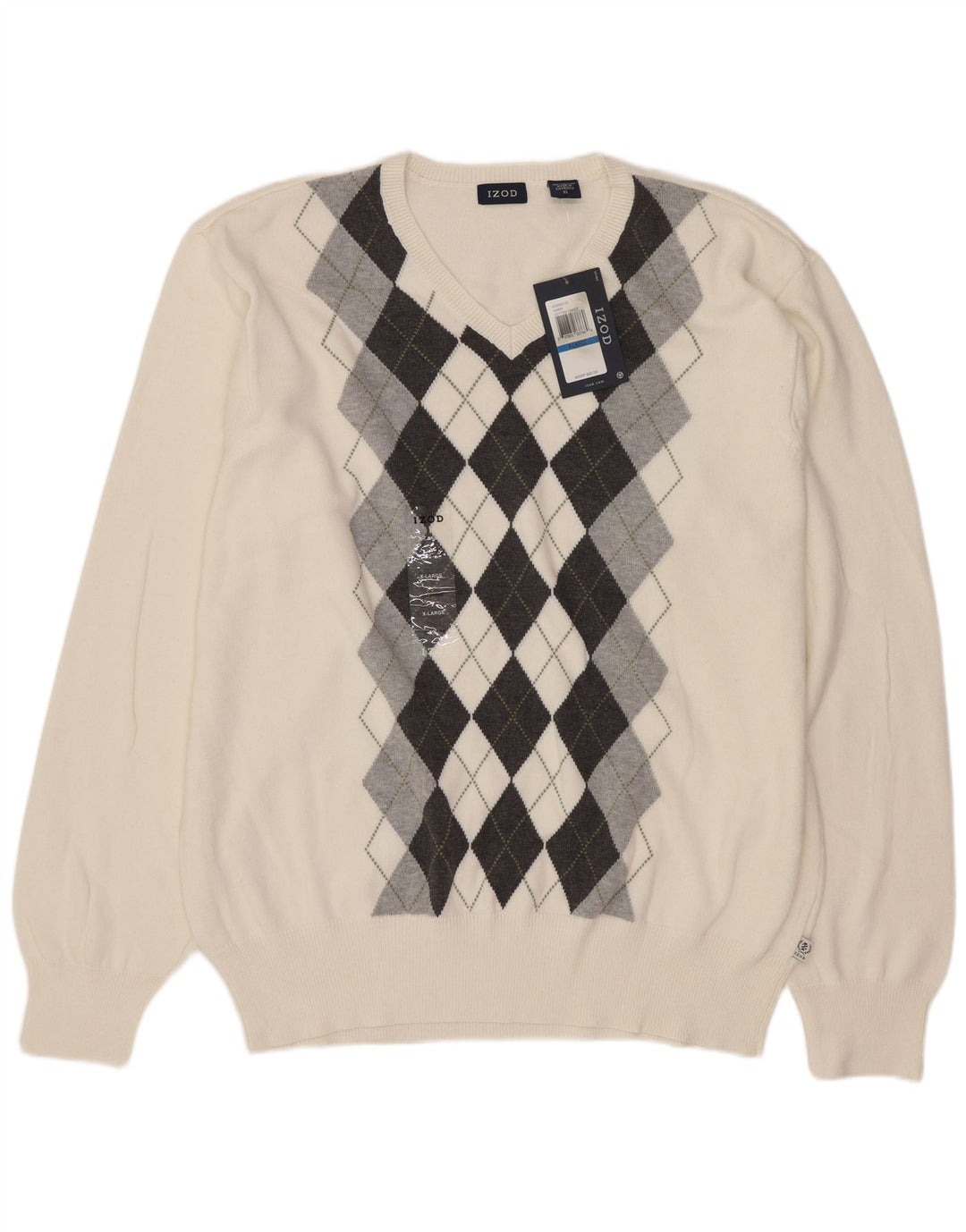 Izod Herren-Pullover mit V-Ausschnitt, XL, weiße Argyle-/Diamant-Baumwolle
