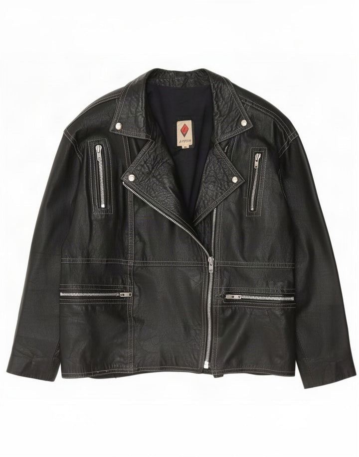 Vintage Damen Biker Lederjacke IT 48 XL Schwarz