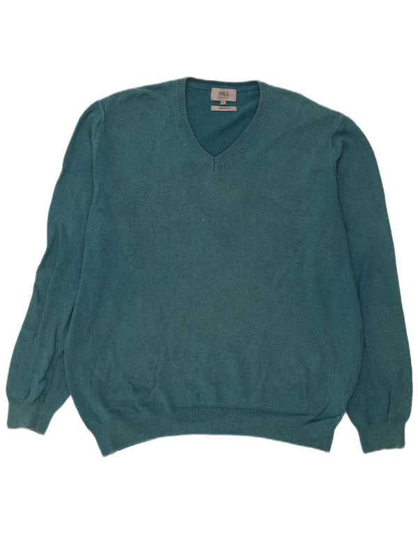 Marks & Spencer Herren-Pullover mit V-Ausschnitt, 2XL, blaue Baumwolle