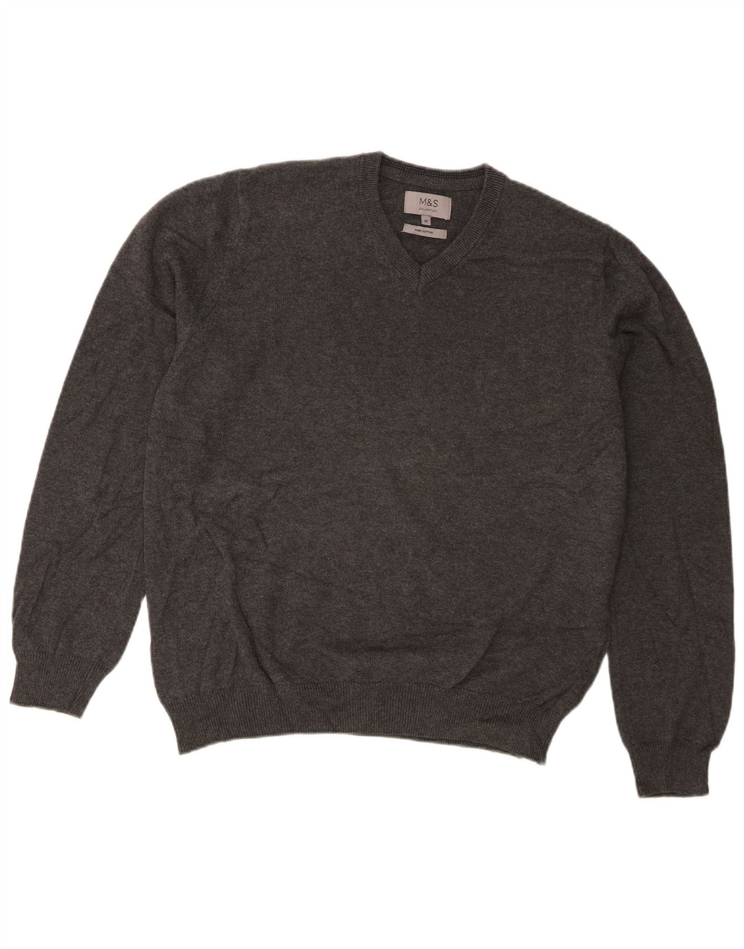 Marks & Spencer Herren-Pullover mit V-Ausschnitt aus mittelgrauer Baumwolle