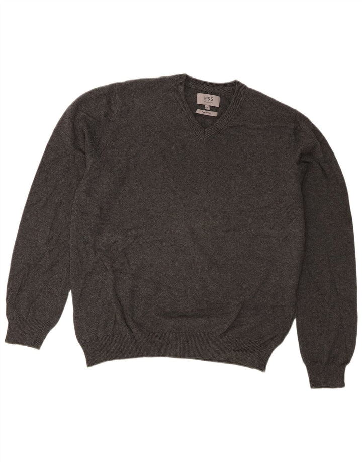 Marks & Spencer Herren-Pullover mit V-Ausschnitt aus mittelgrauer Baumwolle