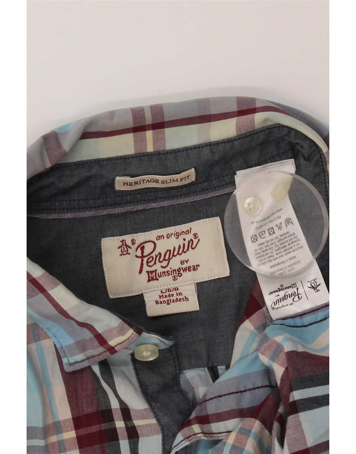 Penguin Herren Heritage Slim Fit Hemd, groß, blau kariert, Baumwolle