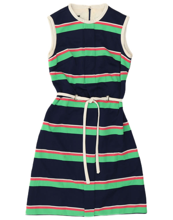Vintage Damen Ärmelloses A-Linien-Kleid UK 12 Mittel Marineblau gestreift