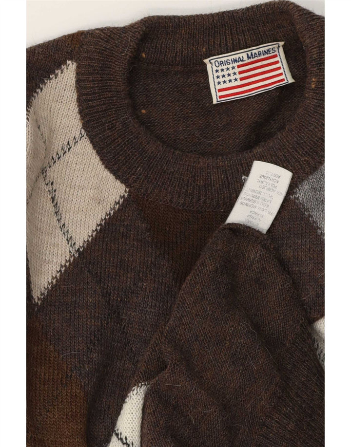 Vintage Herren Pullover mit Rundhalsausschnitt, groß, braun, Argyle/Diamant