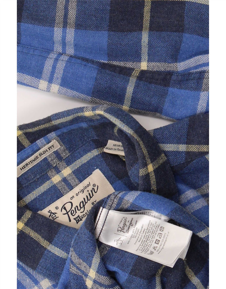 Penguin Herren Heritage Fit Slim Flanellhemd aus mittelblau karierter Baumwolle