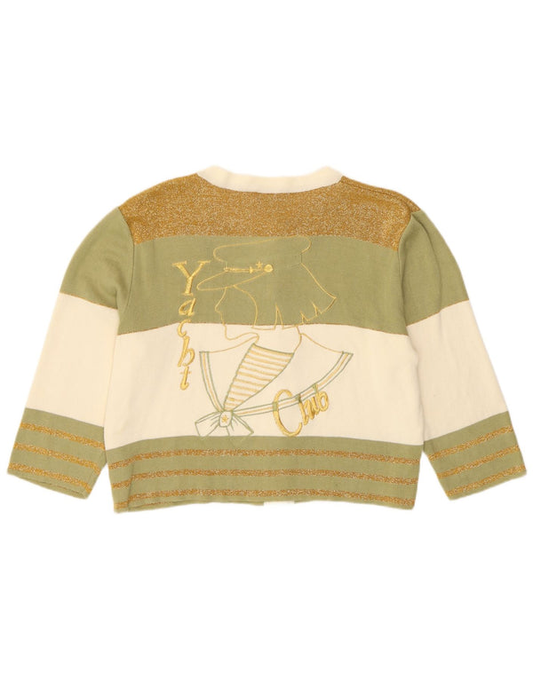 Vintage Damen Crop Crop Cardigan Pullover UK 12 Medium Khaki Gestreifte Baumwolle