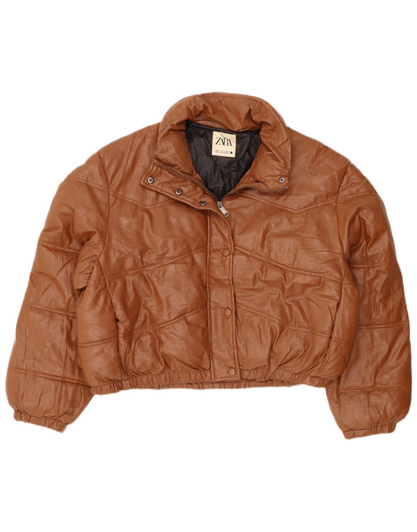 Zara Damen Übergroße gepolsterte Kunstlederjacke UK 18 XL Braunes Polyester
