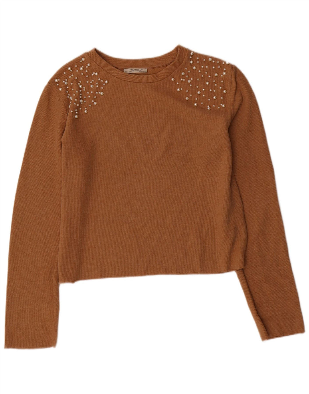 ZARA Damen Crop Crew Neck Pullover Pullover UK 16 Large Braun