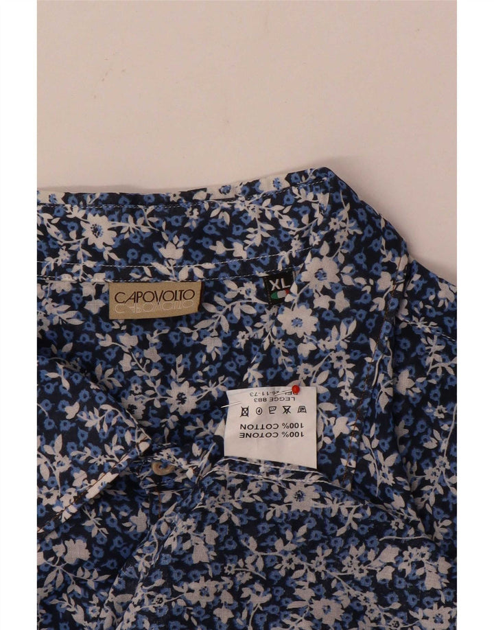 Vintage Herrenhemd XL Blau geblümt Baumwolle