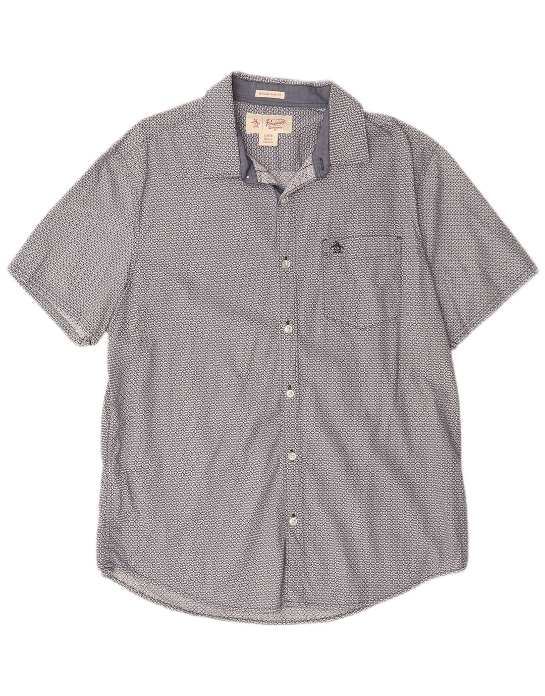 PENGUIN Herren Heritage Slim Fit Kurzarmhemd, groß, blau, geometrisch