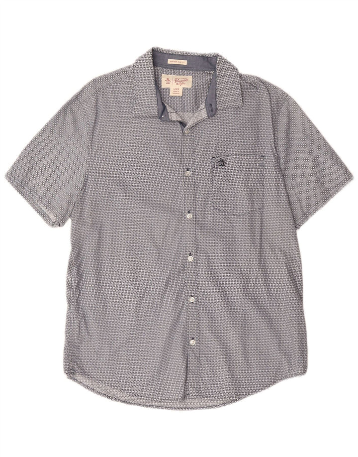 PENGUIN Herren Heritage Slim Fit Kurzarmhemd, groß, blau, geometrisch