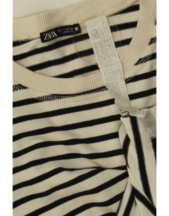 Zara Damen Top Langarm UK 10 Small Weiß gestreift Baumwolle