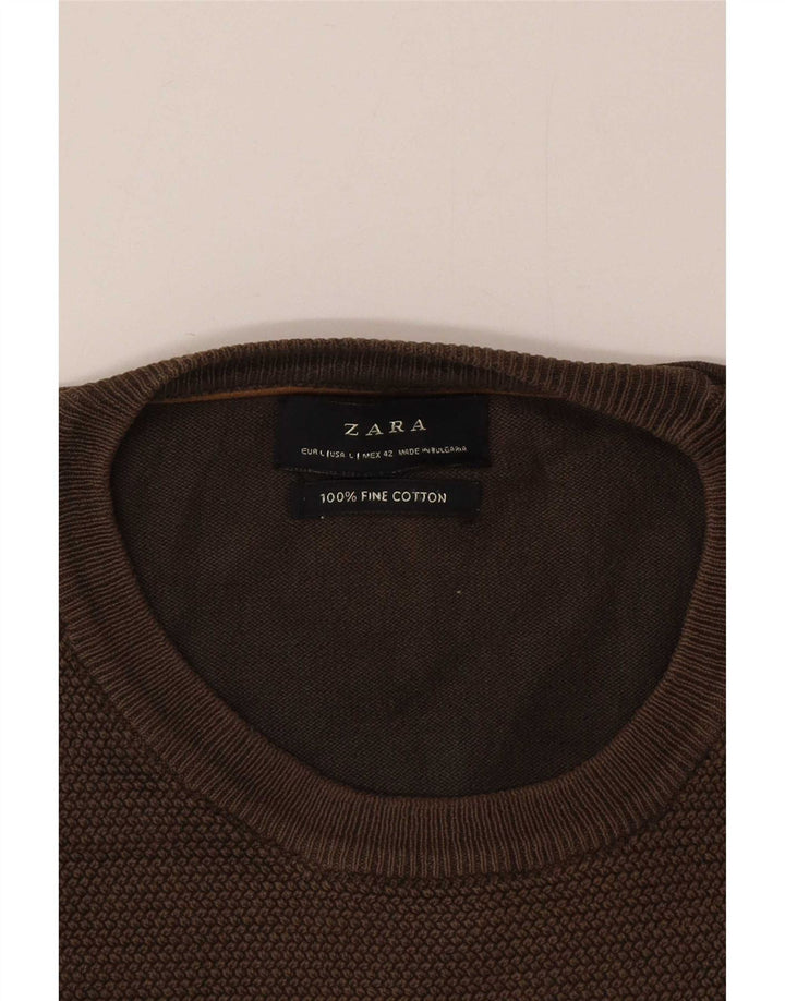 Zara Herren-Pullover mit Rundhalsausschnitt, groß, braune Baumwolle