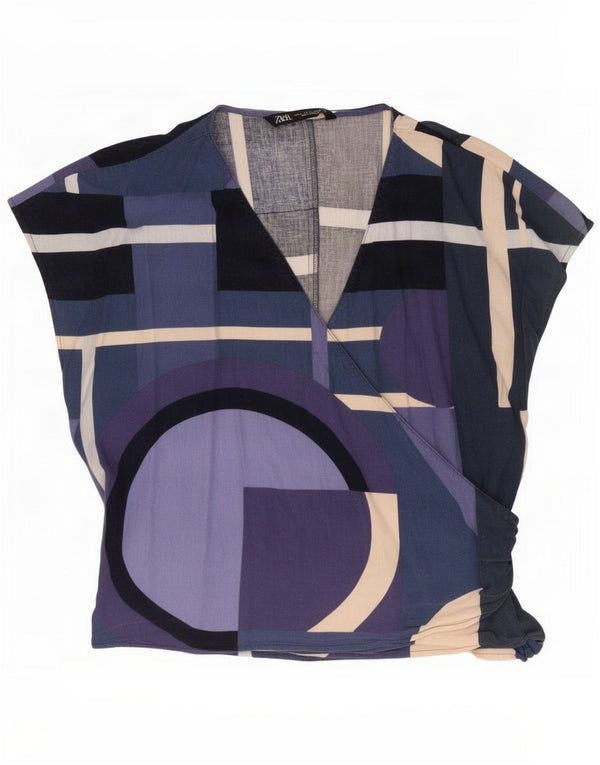 Zara Damen Bluse Top UK 16 Large Marineblaues geometrisches Leinen