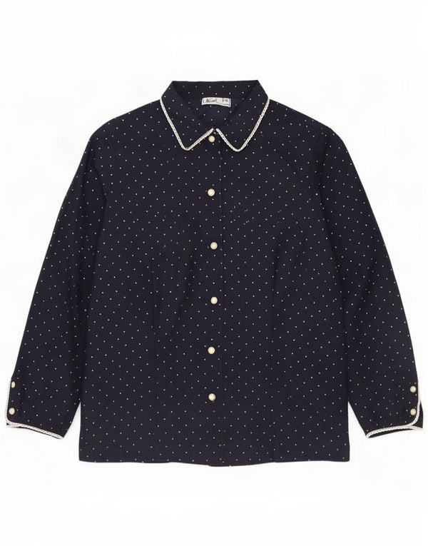 Vintage Damen 3/4-Ärmel-Hemdbluse UK 14 Medium Navy Blue Spotted