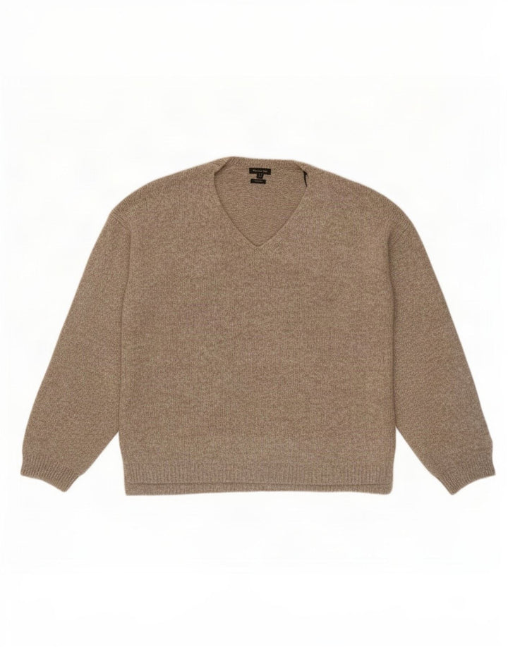 Massimo Dutti Herren-Pullover mit V-Ausschnitt, mittelbeigefarbenes Polyamid