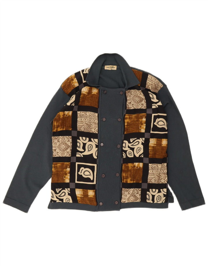 Vintage Damen Zweireihiger Cardigan Pullover UK 14 Mittelgrau Patchwork
