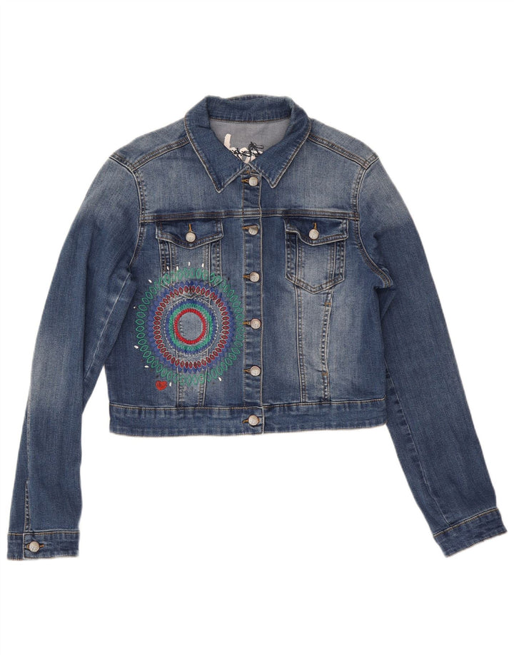 Desigual Womens Graphic Crop Denim Jacke EU 42 Großes blaues Polyester