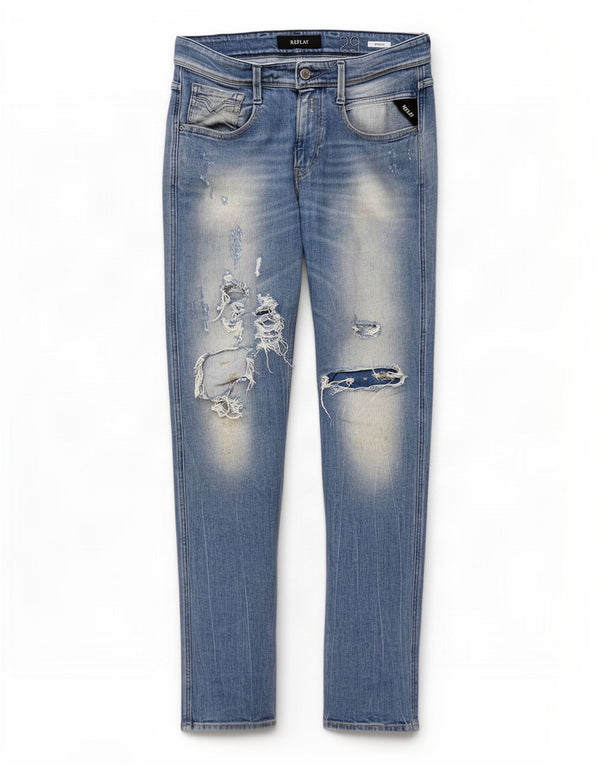 Replay Damen Anbass Distressed Slim Jeans W29 L32 Blaue Baumwolle