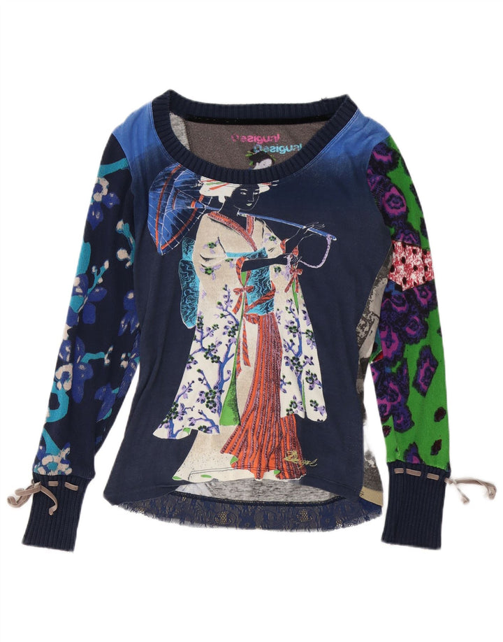 DESIGUAL Womens Graphic Top Langarm UK 14 Mittel Marineblau Blumen