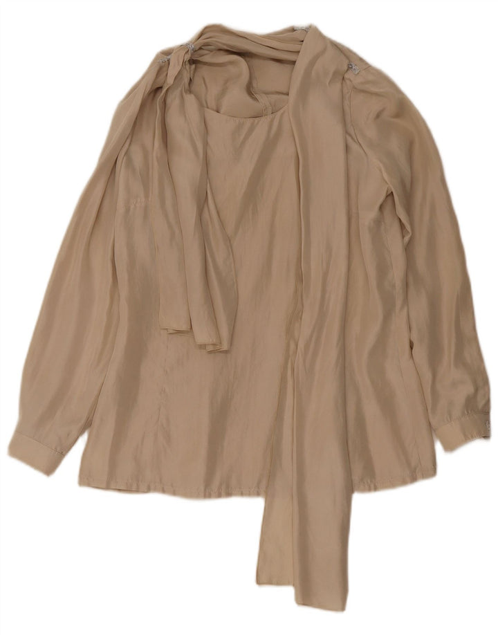 Vintage Damen-Bluse mit Vorderkrawatte, UK 12, Mittelbeige