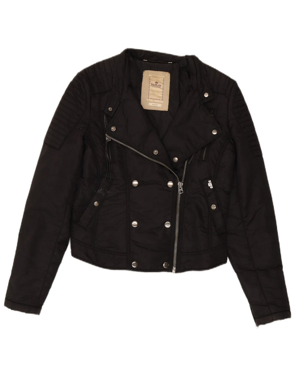 Replay Damen Crop Bikerjacke UK 12 Medium Schwarz