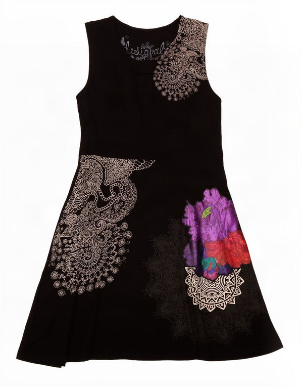 Desigual Damen Ärmelloses A-Linien-Kleid UK 12 Large Schwarz Paisley
