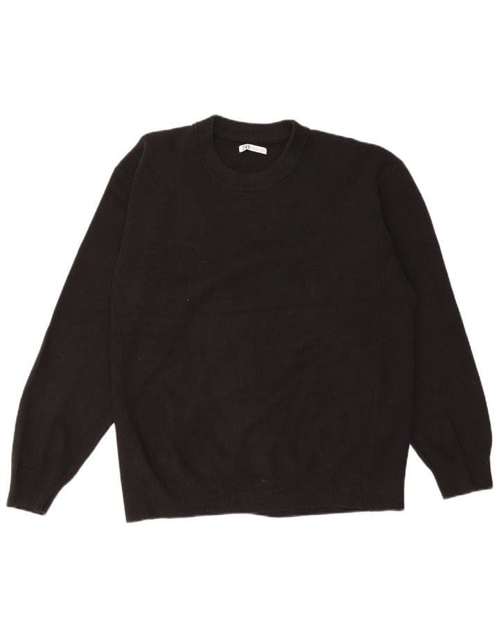 Zara Herren-Pullover mit Rundhalsausschnitt, groß, aus schwarzer Baumwolle