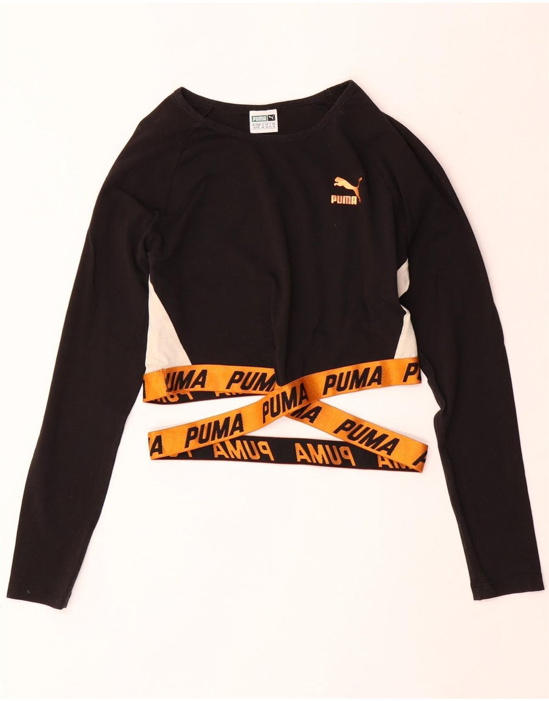 PUMA Damen Crop Graphic Top Langarm UK 16 Large Schwarz Colourblock