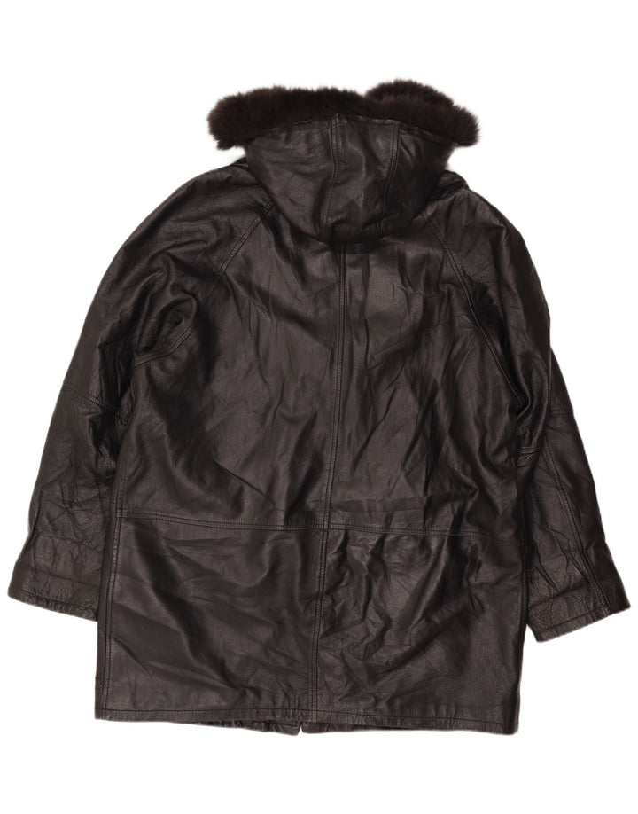 Vintage Damen Loose Fit Ledermantel mit Kapuze UK 18 XL Schwarzes Leder