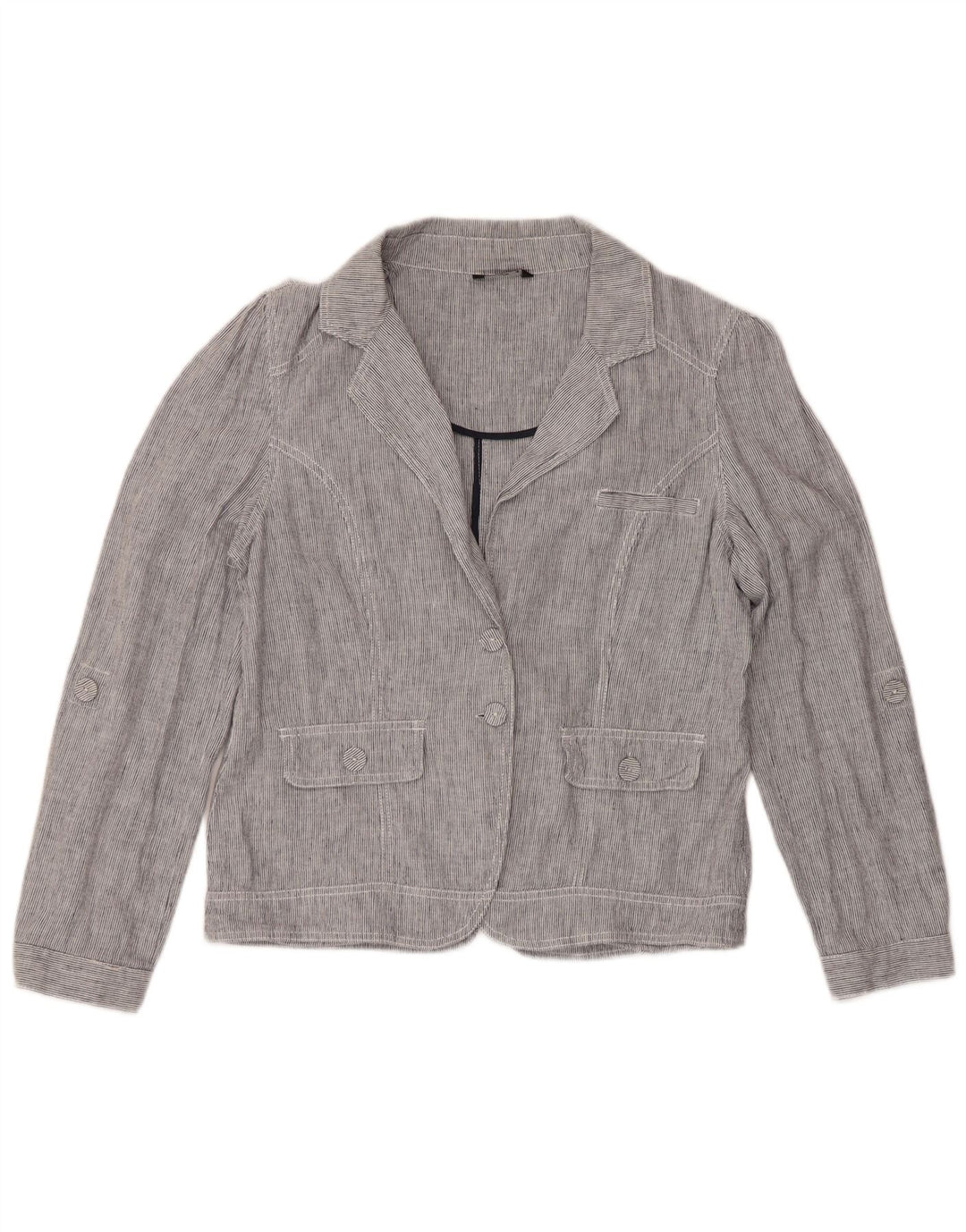 M&Co Damen-Blazerjacke mit 2 Knöpfen, Gr. 16, groß, blaues Nadelstreifen-Leinen