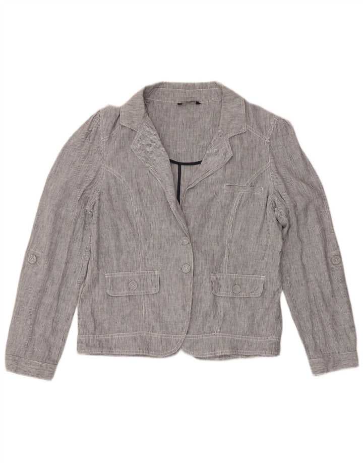 M&Co Damen-Blazerjacke mit 2 Knöpfen, Gr. 16, groß, blaues Nadelstreifen-Leinen