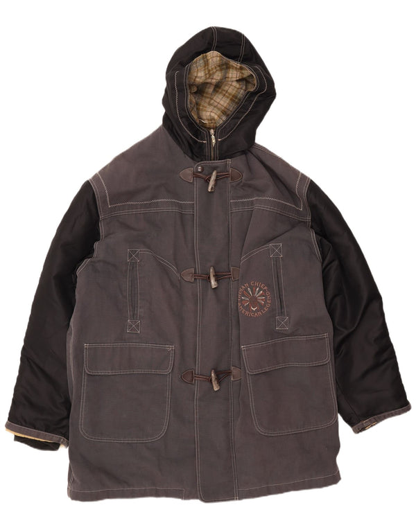 VINTAGE Herren-Dufflecoat mit Kapuze UK 42 XL Graue Colourblock-Baumwolle