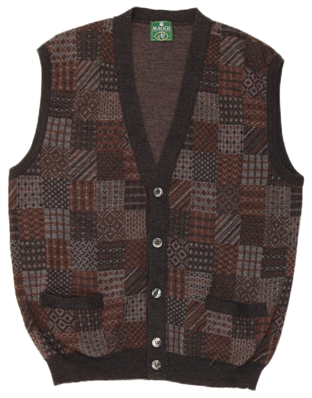 Vintage Herren ärmelloser Cardigan Pullover mittelgraue geometrische Schurwolle